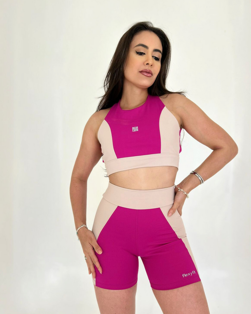 Conjunto Short Gabi Cappuccino com Fúcsia